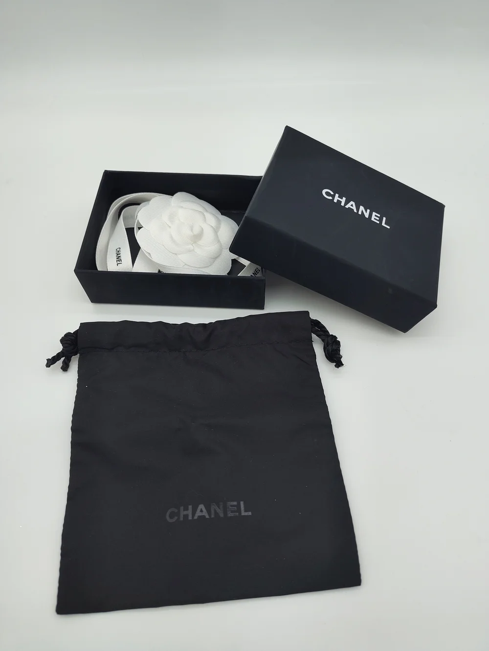 CHANEL Presentation Box Dust Bag Camellia Ribbon Gift Packaging Set Black EUC